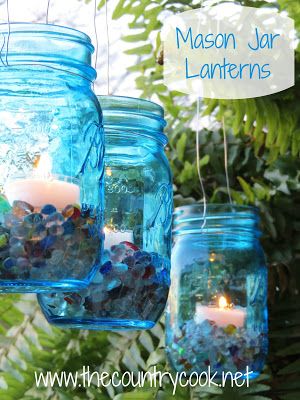 DIY Blue Tinted Mason Jar Lanterns